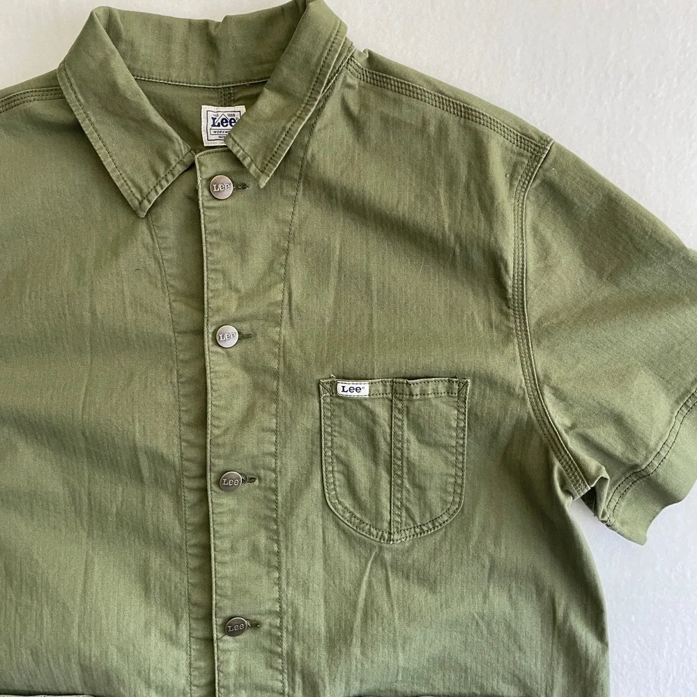 Lee Workwear Shirt Dress Womens L Olive Green Short‎ Sleeve Button Front Pockets